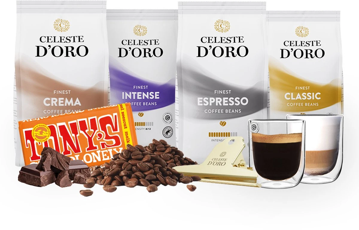 Celeste D’Oro - Koffiebonen Proefpakket - Koffie Cadeaupakket - 4 Soorten Koffie, Chocolade, Gouden Clip En Glazen (260 Ml) – 4 X 250g 3 Celeste D’Oro - Koffiebonen Proefpakket - Koffie Cadeaupakket - 4 Soorten Koffie, Chocolade, Gouden Clip En Glazen (260 Ml) – 4 X 250g