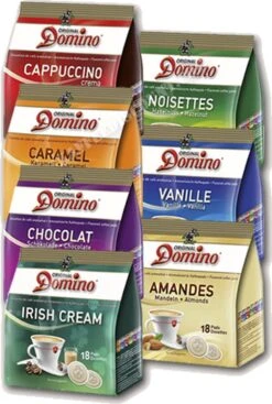 Domino Proefpakket Amandel, Caramel, Cappuccino, Chocolat, Irish Cream, Noisettes En Vanille - Koffiepads - 7 X 18 Pads